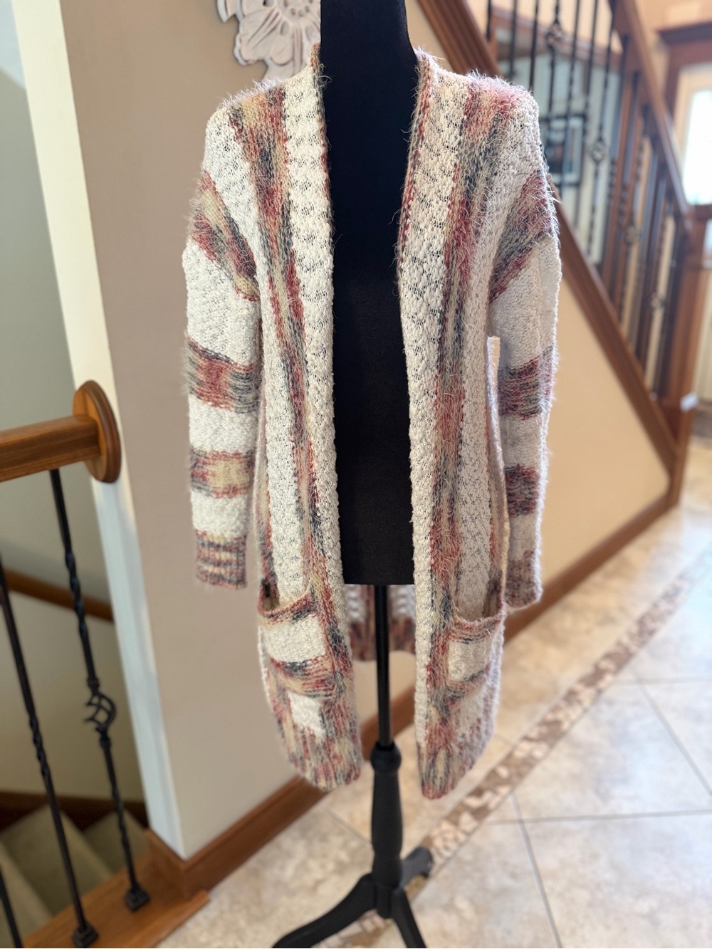 L Love Fuzzy Striped Open Front Long Cardigan Sweater Small NWOT T101